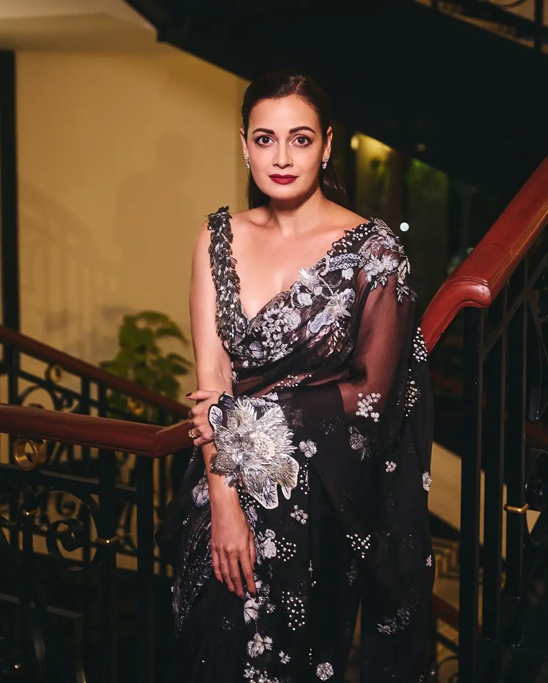 Dia Mirza Wearing Black Saree Sleeveless Blouse